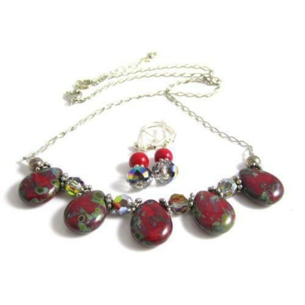 Artisan Red & Green Agate Gemstone, Crystal Bead Necklace & Drop Earring Set